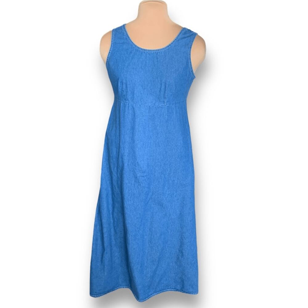 Vintage 90s Blue Denim Sleeveless Midi Dress Scoop Neck Back Zip Sundress Modest - Picture 2 of 10